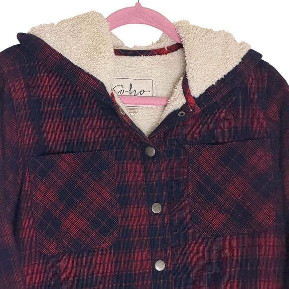 Soho Threads Corduroy Jacket Sherpa Fleece Hooded Plaid Blue Red M bv - Picture 6 of 15